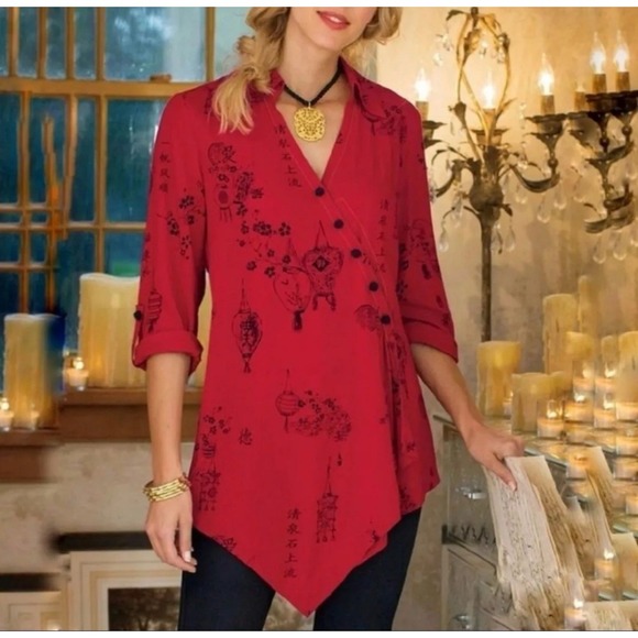Soft Surroundings Pagoda Oriental Asian Red Wrap Asymmetrical‎ Top Women's Sz XL - Picture 1 of 11